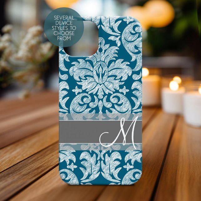 Cor damasco Teal White Chalkboard (Personalized Phone Case with Monogram)