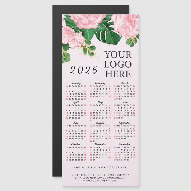 Cor-de-rosa Floral 2026 Calendar Magnet Adicionar  (Frente/Verso)