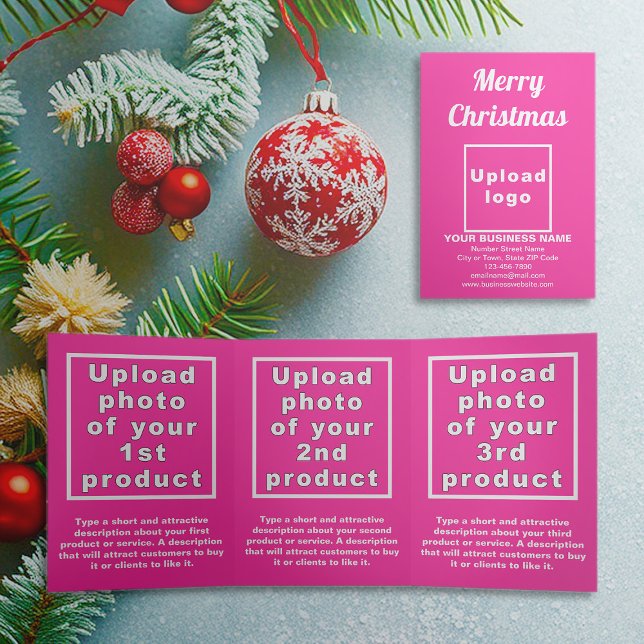 Cor de Rosa | Natal | Cartão triplo comercial (Pink trifold card for Christmas with your business brand and products or services)