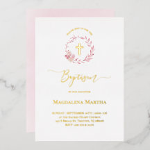 cor-de-rosa poeirenta aquarela Baptism Convite