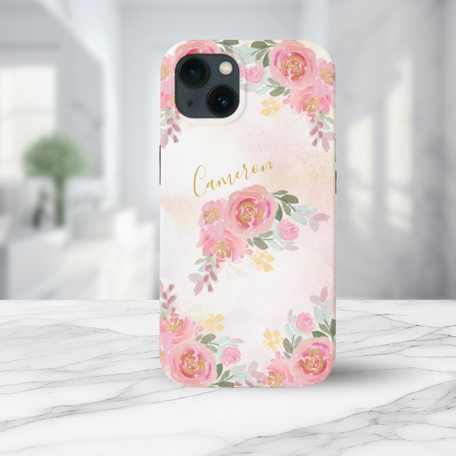 Cor-de-rosa | Rosas Florais Elegante Adicione Seu  (Blush Pink | Floral Roses Elegant Add Your Name Case-Mate iPhone Case)