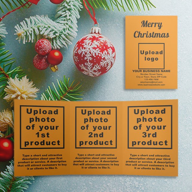 Cor Laranja | Natal | Cartão triplo comercial (Orange color trifold card for Christmas with your business brand and products or services)