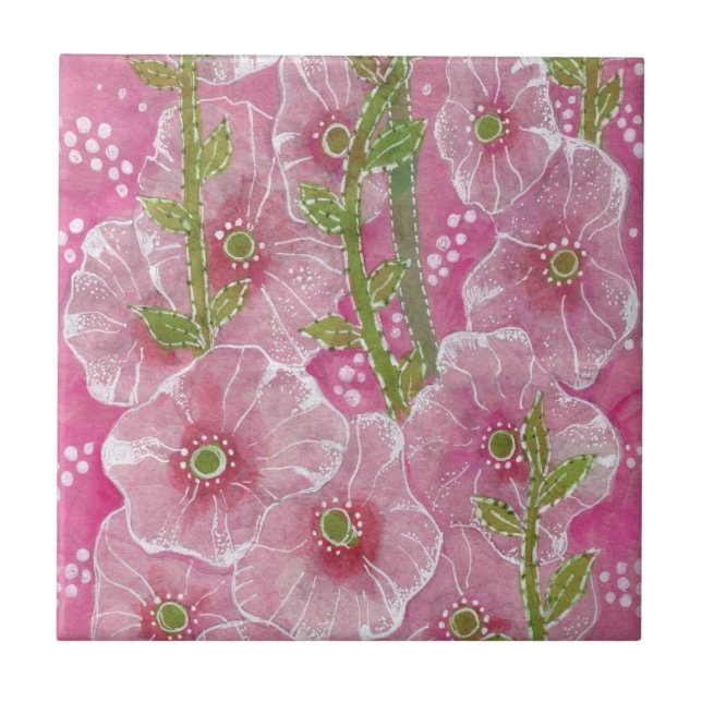 Cor Rosa Hollyhock Mallow Malva Flor Pintura Flora (Frente)