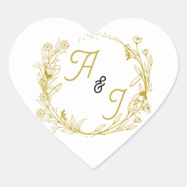 Coração Adesivo de casamento floral dourado editável