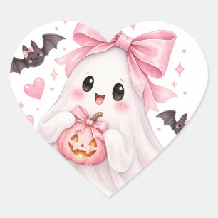 Coração Adesivo de Halloween Fantasma com Laço Rosa Fofo