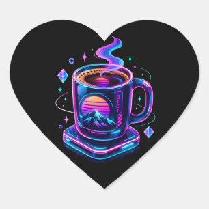 Coração Adesivo Redondo Estético de Xícara de Café Neon Cy