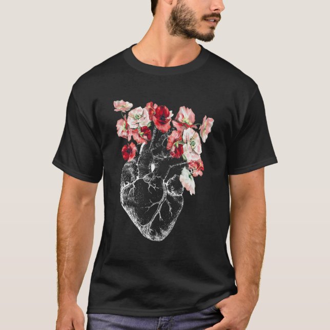 Coração Anatômico E Flores, Camisa De Folga Longa (Frente)