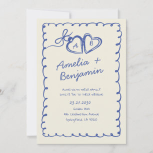Coração azul desenhado à mão Convite de casamento
