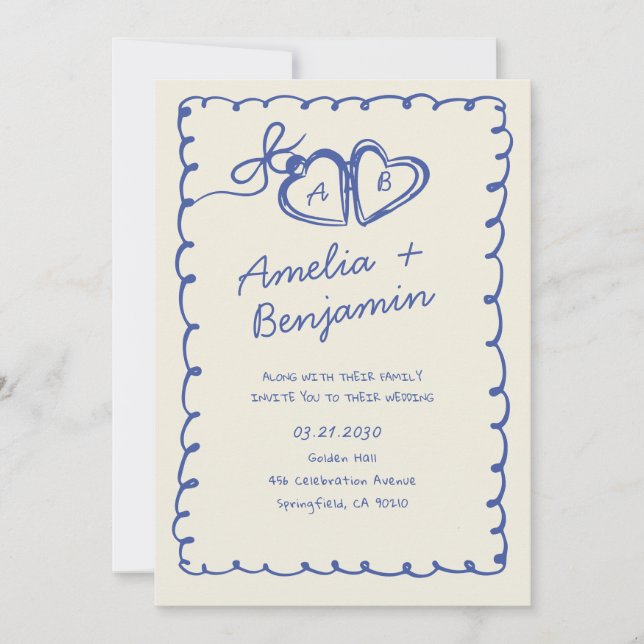 Coração azul desenhado à mão Convite de casamento  (Frente)