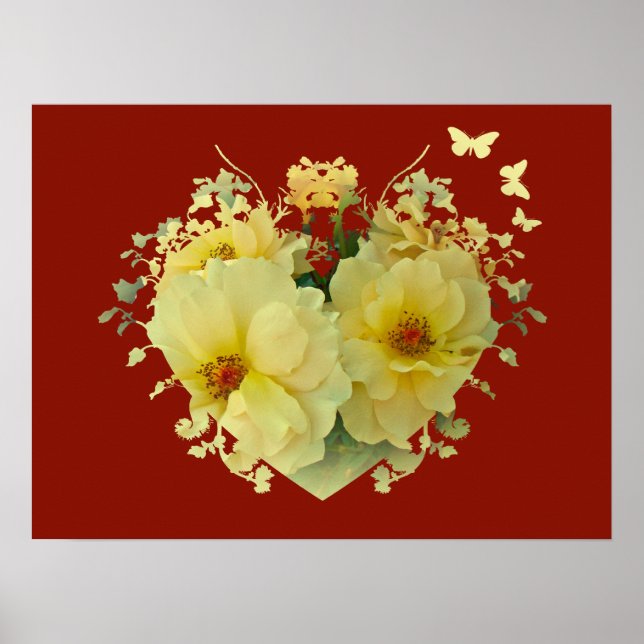Coração de Rosas Amarelas no Poster Vermelho (Frente)