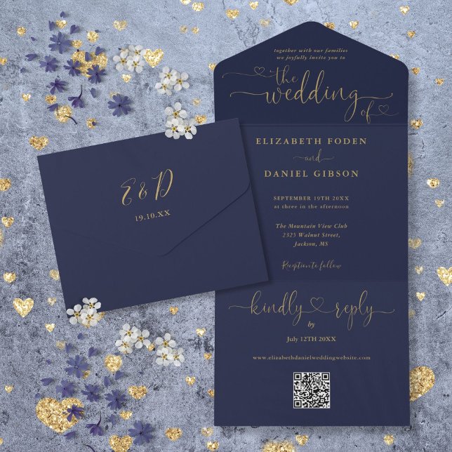 Coração de Roteiro Casamento Azul Marinho e Dourad (Script Hearts Navy Blue And Gold QR Code Wedding All In One Invitation)