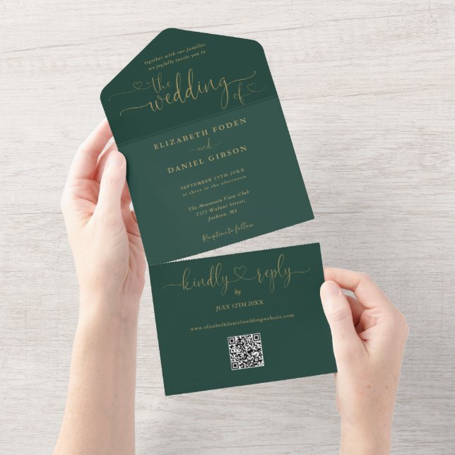 Coração de Script Esmeralda e Dourado Código QR Ca (Aba destacável)