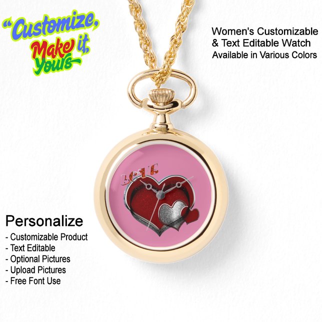 Coração, Dourado Colar Magia, Olhar Face Rosa (Women's Heart Magic Gold Necklace Watch Featuring a Pink Face.)