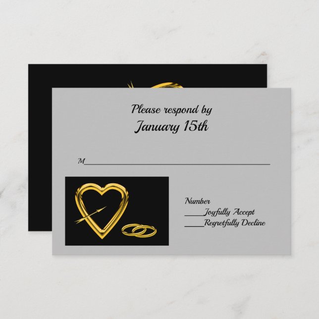 Coração e Anéis em Dourado na RSVP Moderna Negra (Frente/Verso)