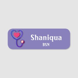 Coração e Estetoscópio Nome de etiqueta de Roxo