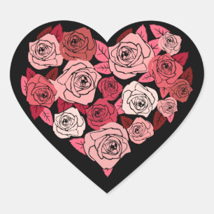 Coração e Rosas Cor-de-Rosa em Selo Adesivo Preto
