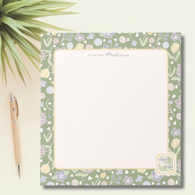 Coração Grato Vida Alegre Bloco de Notas Personali (Grateful Heart Joyful Life Personalized Notepad – Floral Green Stationery for Graceful Living)