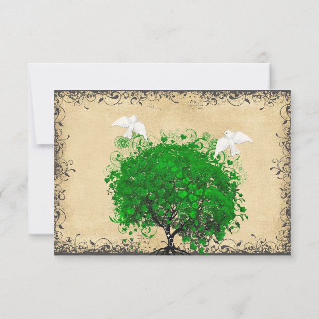 Coração Leaf Emerald Tree Dove Bird Wedding RSVP (Verso)