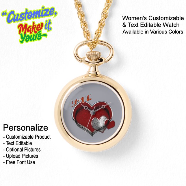 Coração, Magia Dourada, Colar Cinza (Women's Heart Magic Gold Necklace Watch Featuring a Grey Face.)