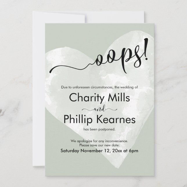 Coração na Sage Green Oops! Cartão de Casamento Ad (Frente)