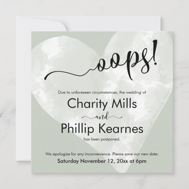 Coração na Sage Green Oops! Cartão de Casamento Ad (Frente)