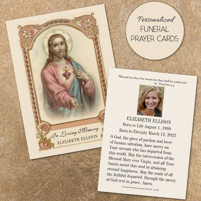 Coração Religioso Sagrado de Oração Funeral de Jes (Featuring traditional Catholic Sacred Heart of Jesus personalized funeral prayer cards)