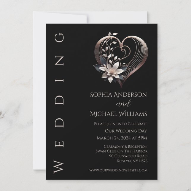 Coração Rosa Moderno com Convite para Casamento de (Frente)