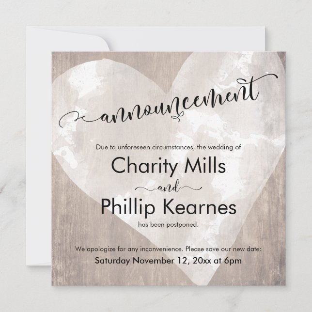 Coração sobre Madeira Adiada Anúncio de Casamento (Frente)