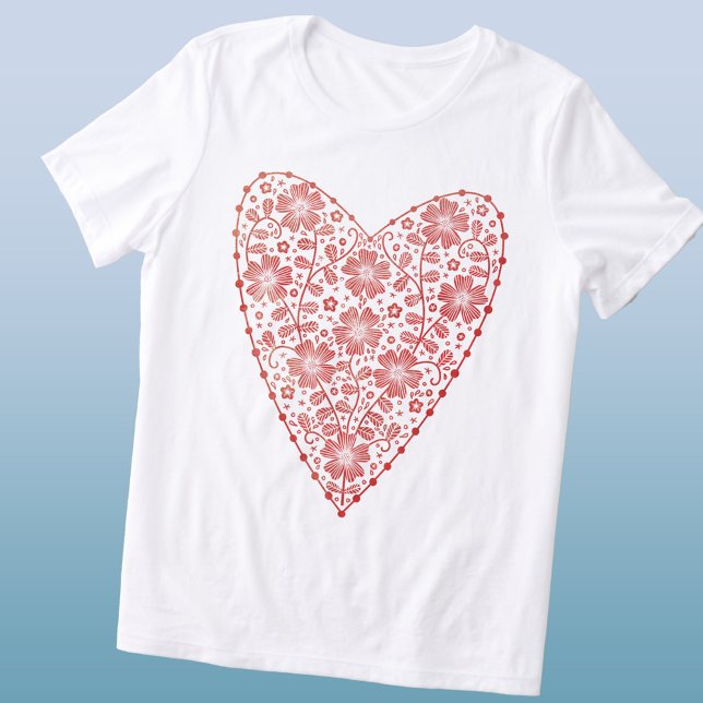 Coração - Vermelho Escandinavo Branco (Scandinavian red and white floral heart triblend t-shirt)