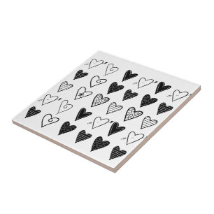 Corações Azulejo cerâmico, branco e preto