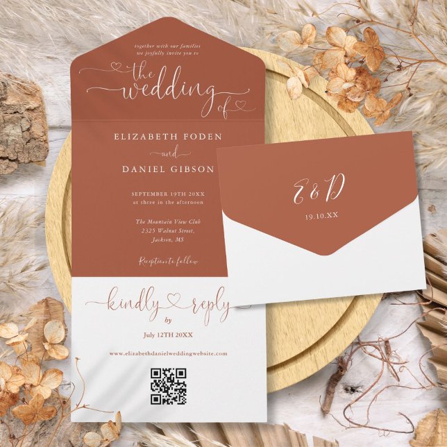 Corações de Letra Terracota Código QR Casamento (Script Hearts Terracotta QR Code Wedding All In One Invitation)