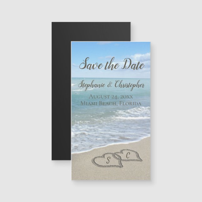 Corações de Monograma de Casamento de Praia na Are (Frente/Verso)