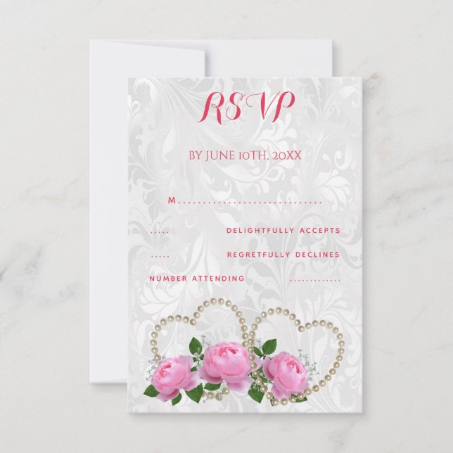 Corações de Pérola & Rosas Casamento Damask RSVP (Frente)