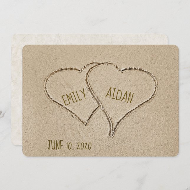 Corações de Praia na areia para convite de casamen (Frente/Verso)