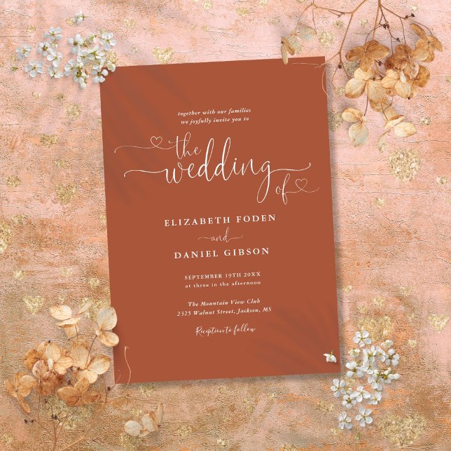 Corações de Terracota Elegantes Convite de Casamen (Elegant Terracotta Hearts Calligraphy Wedding Invitation)