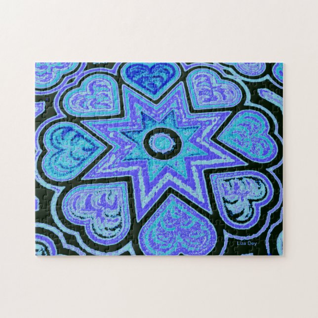 Corações e Estrelas Azuis Elétricas Quebra-cabeça (Horizontal)