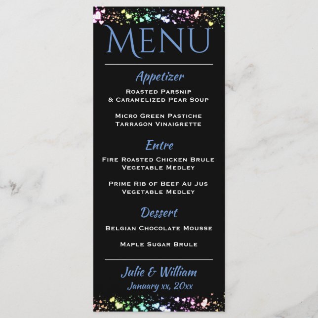 Corações e Estrelas - Cartão de Menu de Casamento (Frente)