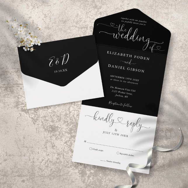 Corações em Script Preto e Branco Casamento Minima (Criador carregado)