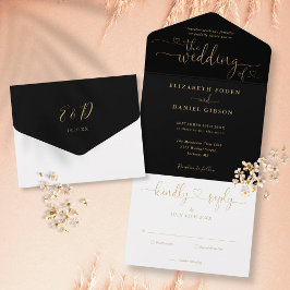 Corações em Script Preto e Dourado Casamento Minim