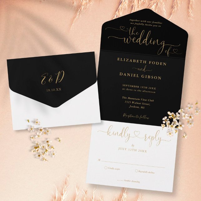 Corações em Script Preto e Dourado Casamento Minim (Criador carregado)