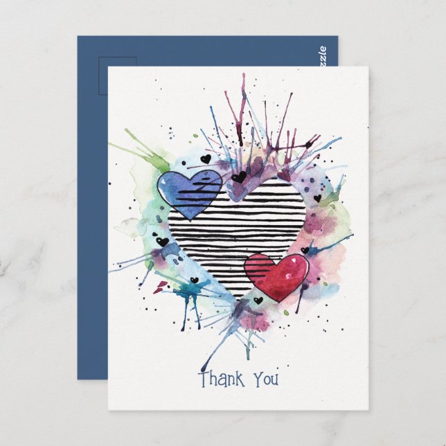 Corações Fofos E Lavagens Em Aquarela  Cartão Post (Frente/Verso)