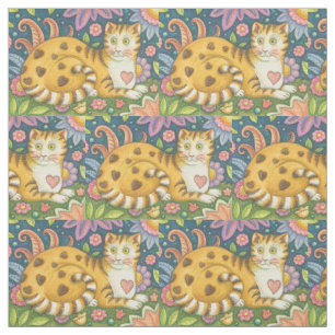 Corações N' Stripes Tabby CAT FOLK ART TECIDO