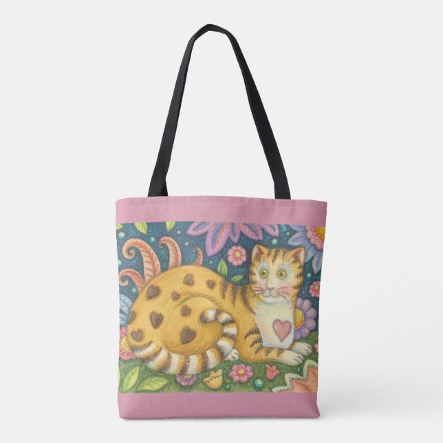 Corações N' Stripes Tabby Folk Art CAT TOTE BAG (Verso)