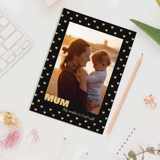 Corações padrão Cartão de Férias preto Foto da mãe (Criador carregado)