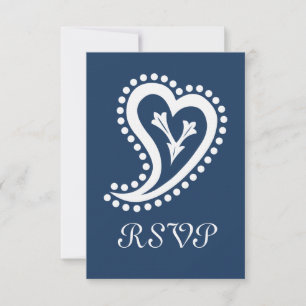 Corações Paisley Doces em Cartão de RSVP Azul Mari