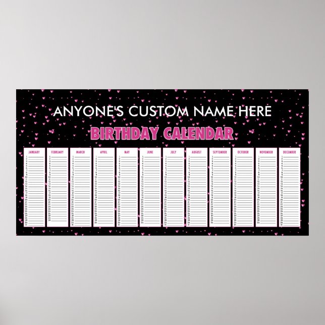Corações Rosa Poster de Calendário de Aniversário  (Frente)