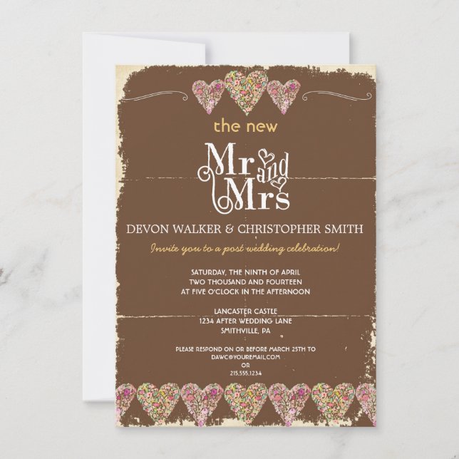 Corações Rústicos Postam Convite de Casamento (Frente)