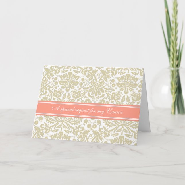 Coral Beige Damask Cousin Bridesmaid Convite (Frente)