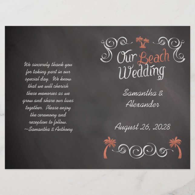 Coral Chalkboard Script Beach Weding Program (Frente)
