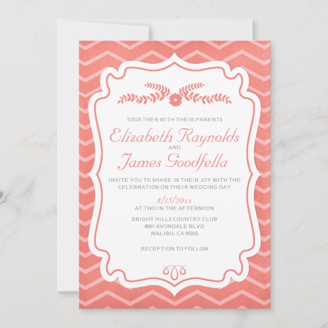 Coral Chevron Stripes Convites De Casamento (Frente)